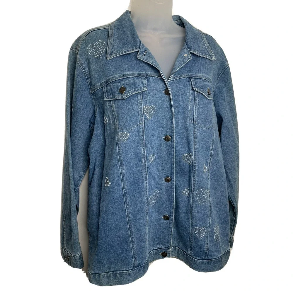 Vtg Quacker Factory Denim Jacket Hearts Medium Rhinestone Embellished Valentines